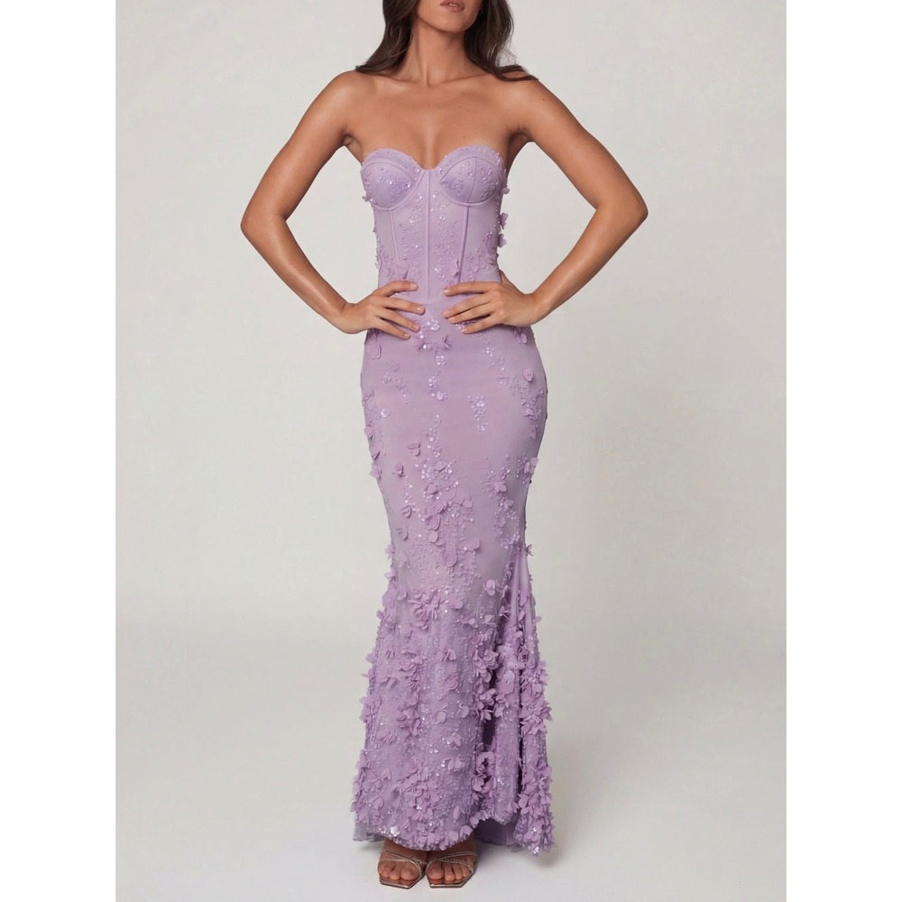 Oh Polly Lilac 3D Floral Applique Corset Maxi Dress Purple Sequin Gown US2 New